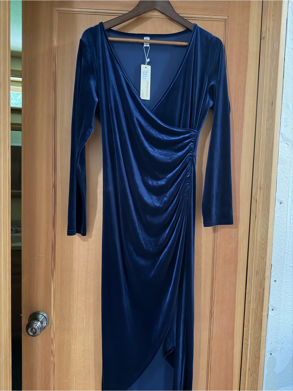 Women's Navy Velvet Wrap-Style Long Sleeve Dress